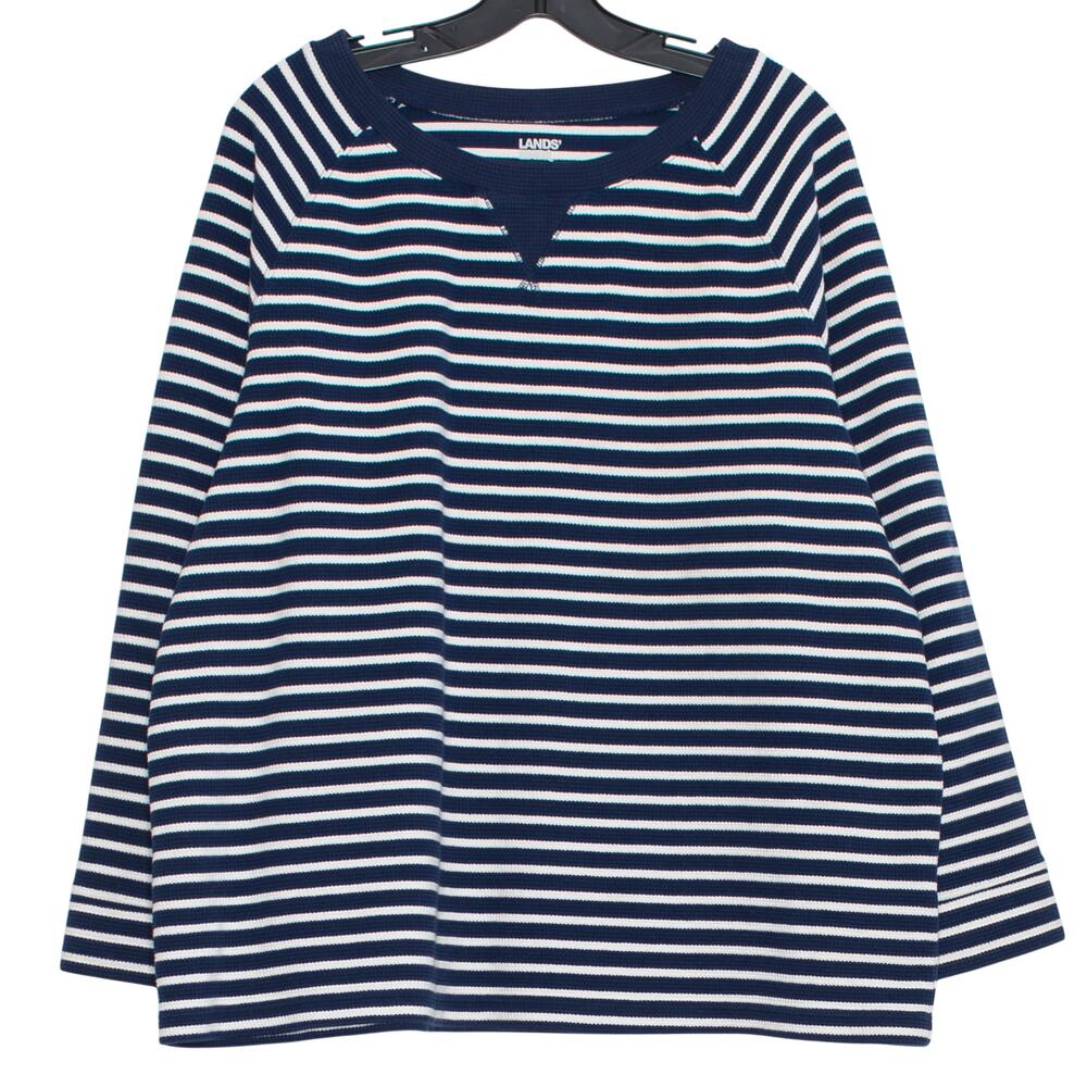 Lands End Sweater Thermal Coastal Nautical Casual Preppy Stripe Navy White 1X